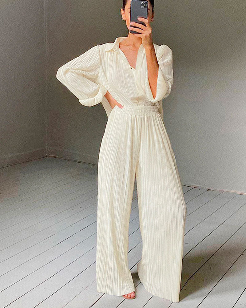 Beige Lapel Pleated Shirt Loose Pants Long Sleeve Two-piece Set