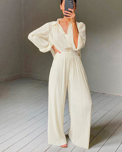 Beige Lapel Pleated Shirt Loose Pants Long Sleeve Two-piece Set
