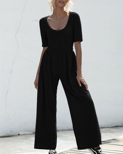 U-neck Short-sleeved Loungewear Wide-legged Jumpsuits