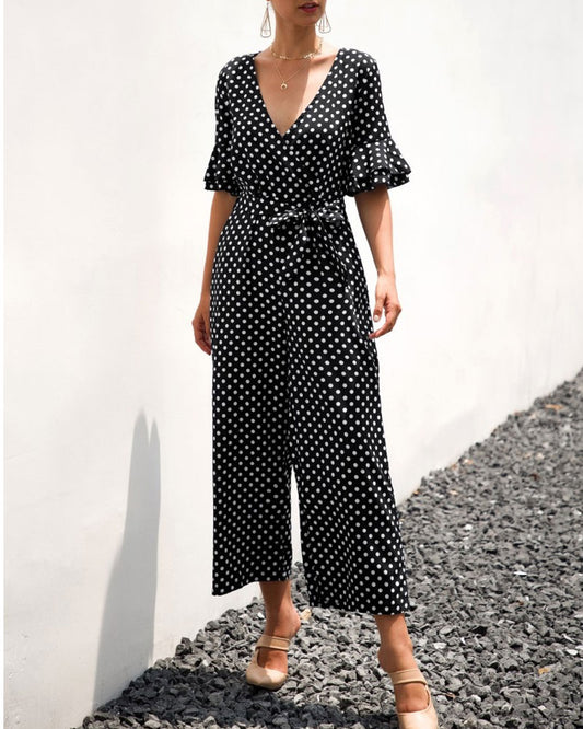 Ruffled Flared Sleeve Polka Dot Lace-up Jumpsuit V-neck Rompers