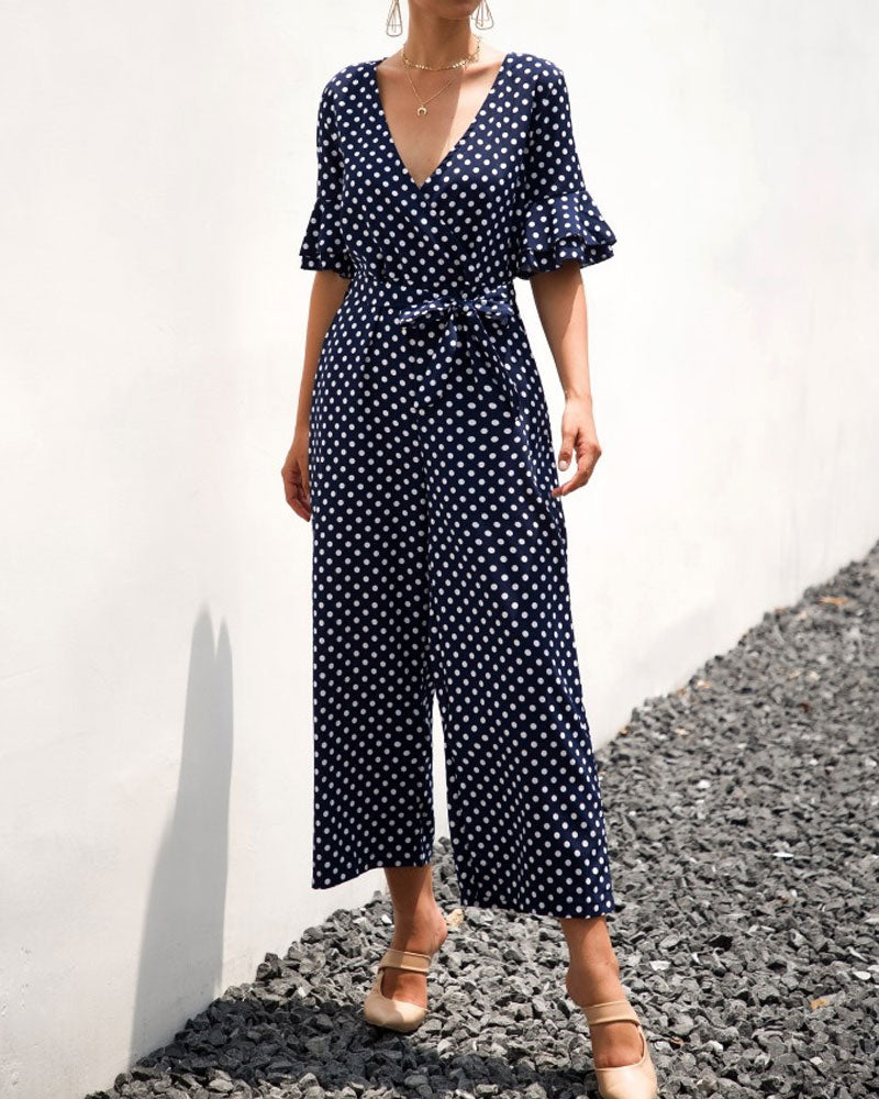 Ruffled Flared Sleeve Polka Dot Lace-up Jumpsuit V-neck Rompers