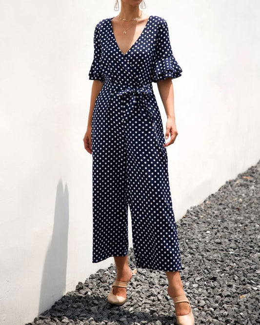 Ruffled Flared Sleeve Polka Dot Lace-up Jumpsuit V-neck Rompers