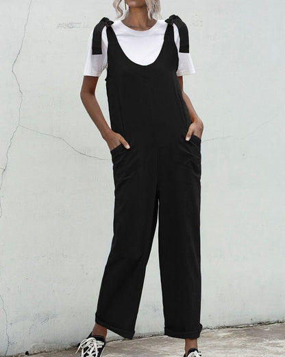 Deep U-Neck Lace-up Bow Backless Jumpsuit