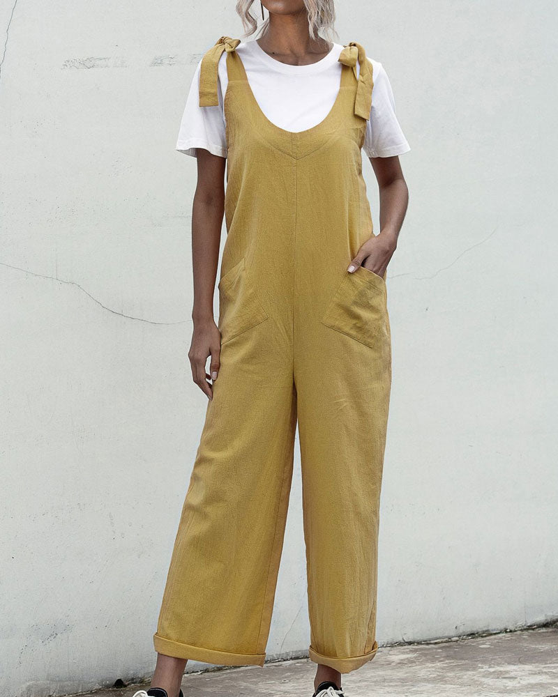 Deep U-Neck Lace-up Bow Backless Jumpsuit