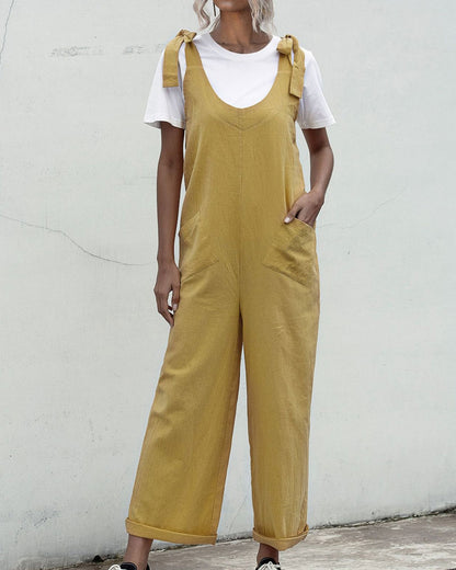 Deep U-Neck Lace-up Bow Backless Jumpsuit