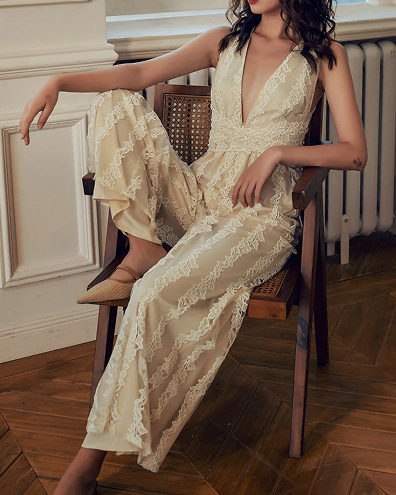 Elegant Lace V-neck  Cross Strap Backless Jumpsuit