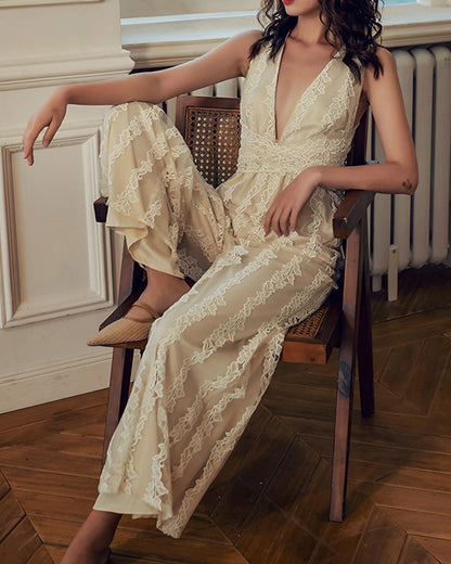 Elegant Lace V-neck  Cross Strap Backless Jumpsuit