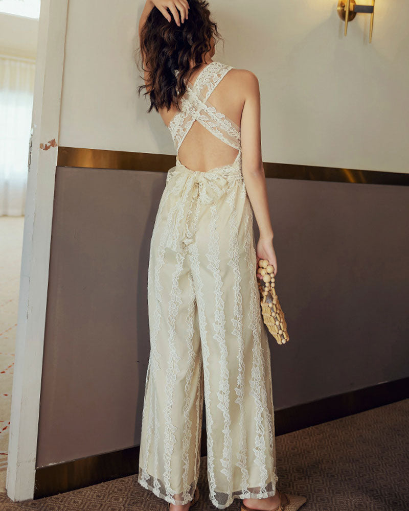 Elegant Lace V-neck  Cross Strap Backless Jumpsuit