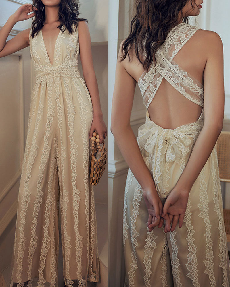 Elegant Lace V-neck  Cross Strap Backless Jumpsuit