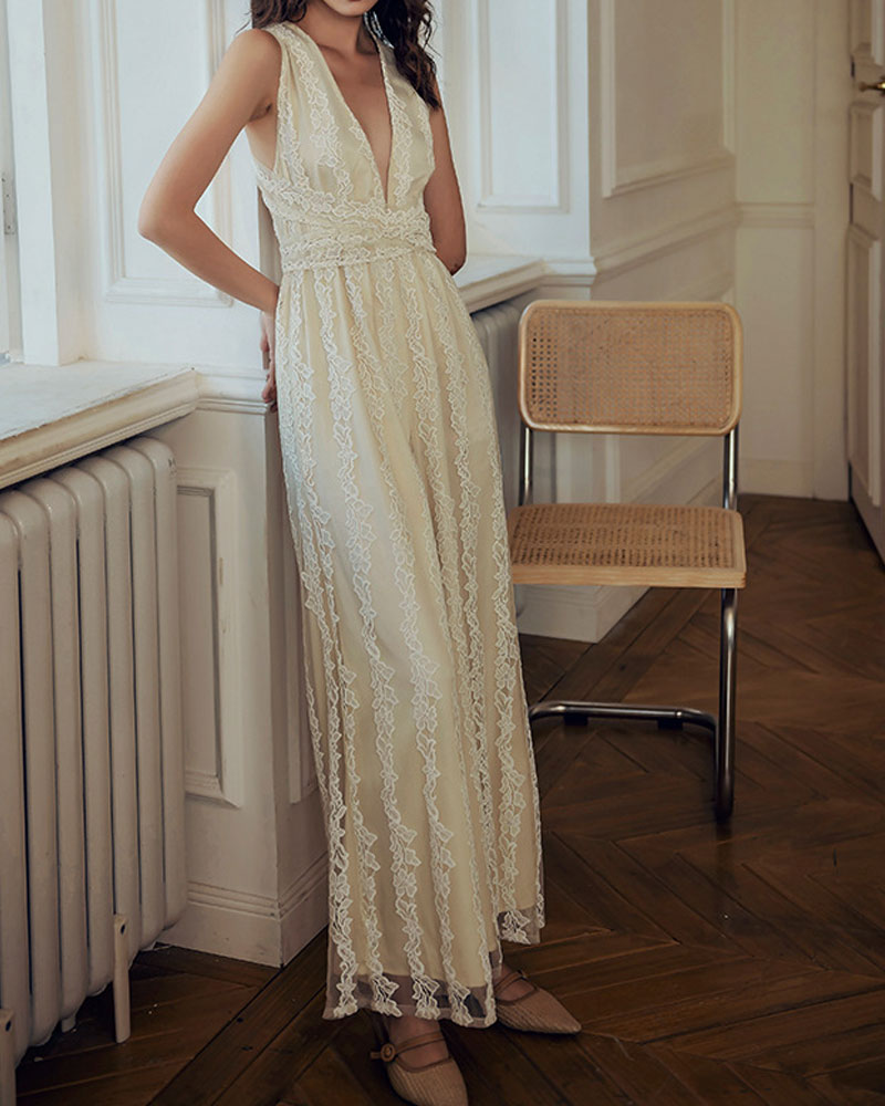 Elegant Lace V-neck  Cross Strap Backless Jumpsuit