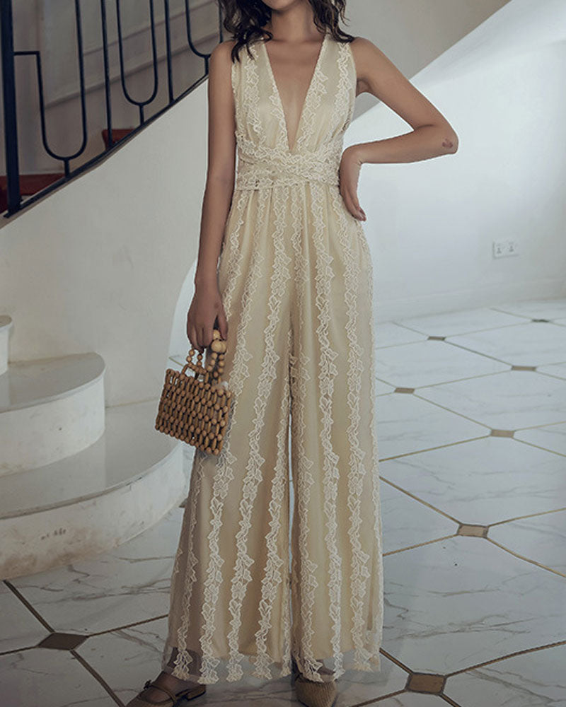 Elegant Lace V-neck  Cross Strap Backless Jumpsuit