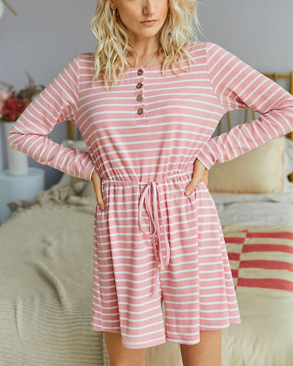 Striped Lace-up Single-breasted Jumpsuits Loungewear Rompers