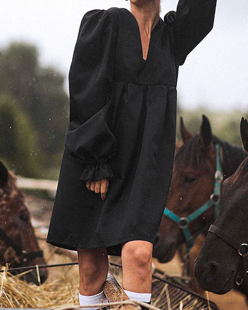 V-neck Lantern Puff Sleeve Square Collar Mini Dresses