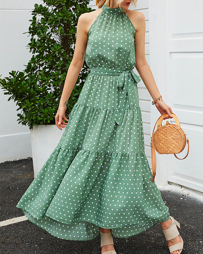 Backless Vintage Halter Polka Dot Lotus Leaf Hem Lace-Up Maxi Dress