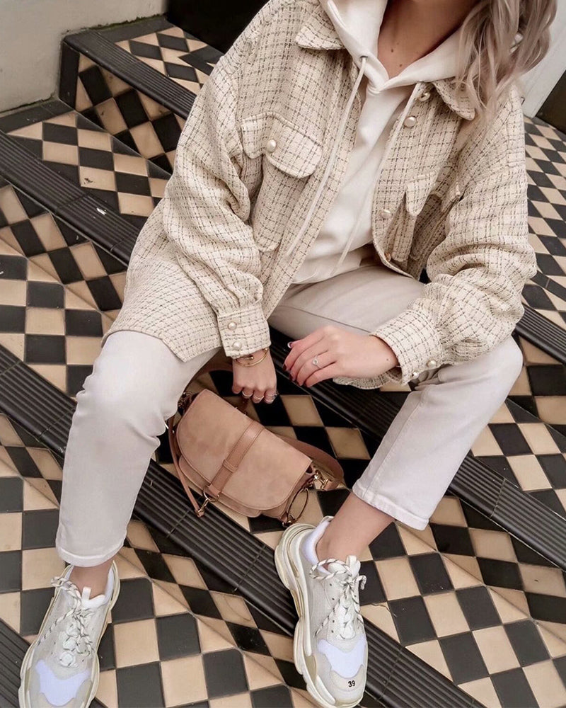 Plaid Style Shirt Jacket Lapel Single-breasted Cardigans Coat
