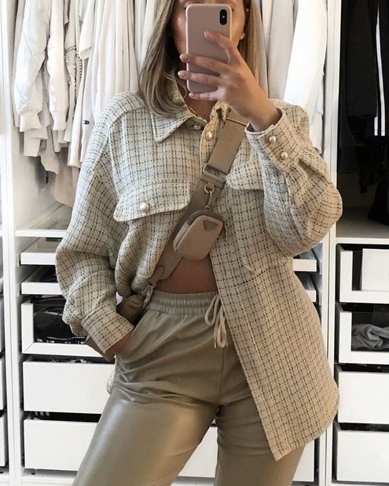 Plaid Style Shirt Jacket Lapel Single-breasted Cardigans Coat