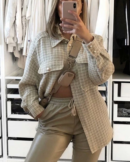 Plaid Style Shirt Jacket Lapel Single-breasted Cardigans Coat