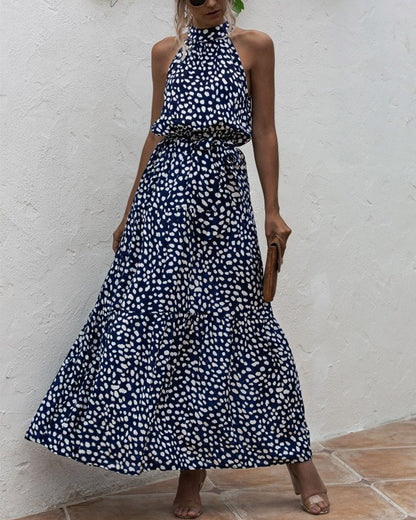 Royal Blue Wave Bohemian Boho Printed Hanging Neck Straps Maxi Dresses