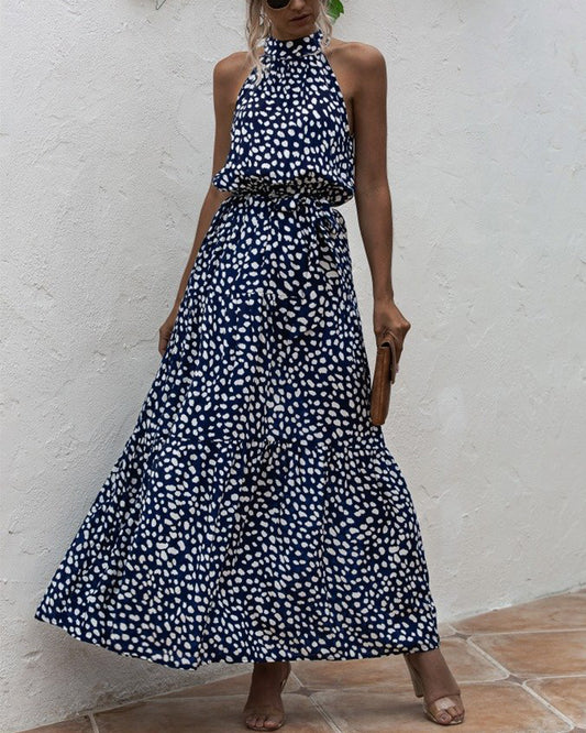 Royal Blue Wave Bohemian Boho Printed Hanging Neck Straps Maxi Dresses
