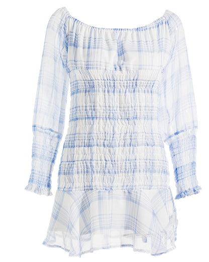 Strapless Off Shoulder Ruffle Frilly Grid Chiffon Mini Dress