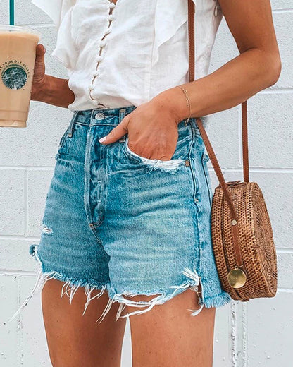 Light Blue Ripped Fringed Jean Shorts