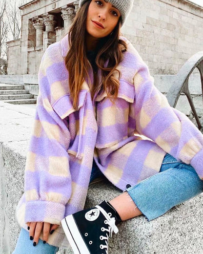 Purple Grid Single-breasted Irregular Hem Coat
