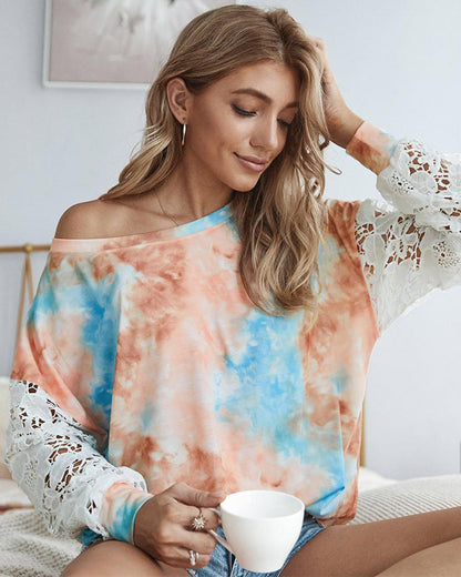 Lace Hollow-out Stitching Tie Dye Blouse T-shirt