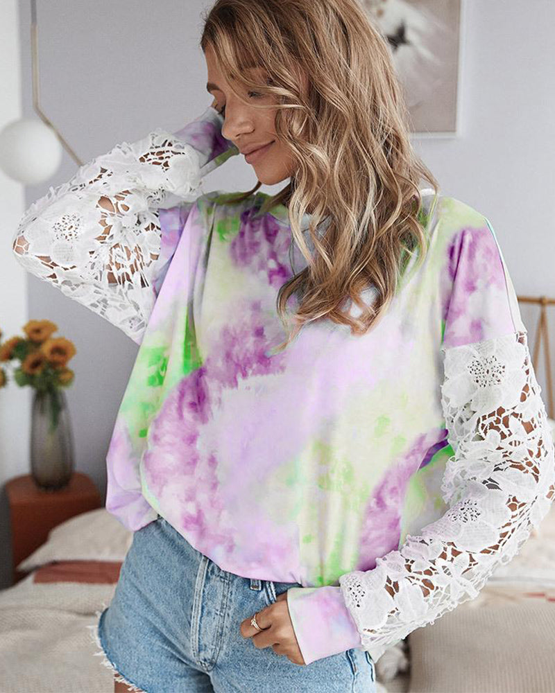 Lace Hollow-out Stitching Tie Dye Blouse T-shirt