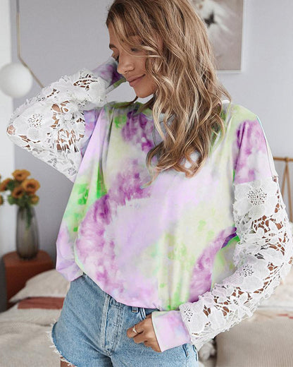 Lace Hollow-out Stitching Tie Dye Blouse T-shirt