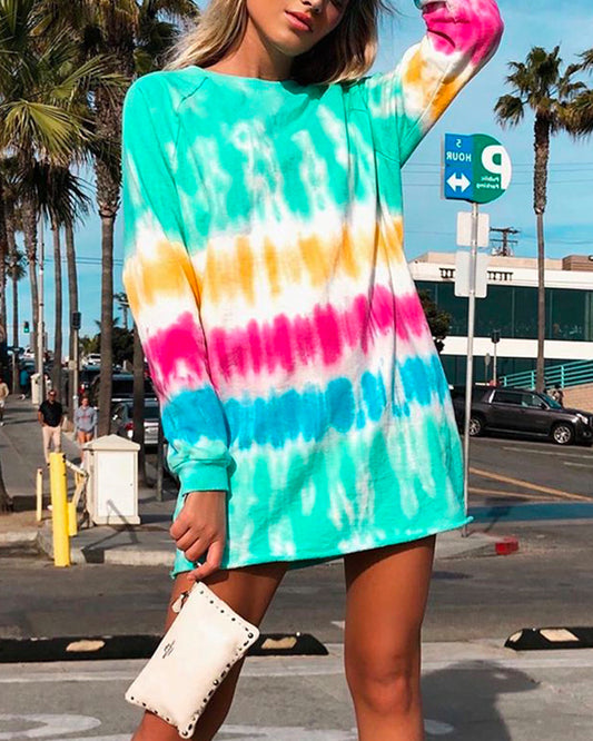 Multicolor Tie-dye Rainbow Stripe Blouse Mini Dress