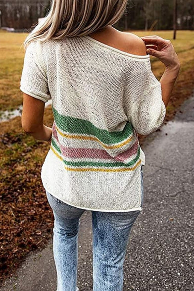 V-neck Contrast Stripe Knitted Beach Sweater Pullover