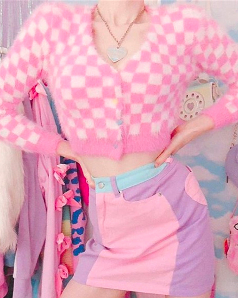 Pink Mink Single-breasted Checkerboard Navel Knitting Cardigan