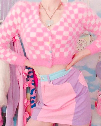 Pink Mink Single-breasted Checkerboard Navel Knitting Cardigan